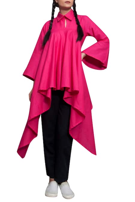 Bohame Pink Cotton Solid Shirt Collar Asymmetrical For Women