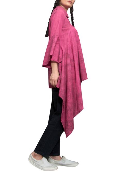 Bohame_Pink Cotton Abstract Shirt Collar Asymmetrical _Online_at_Aza_Fashions