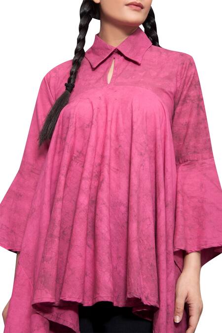Buy_Bohame_Pink Cotton Abstract Shirt Collar Asymmetrical _Online_at_Aza_Fashions