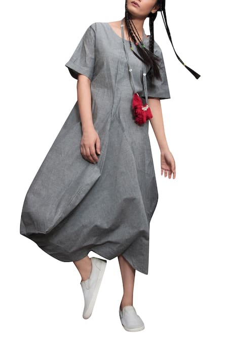 Bohame Grey Cotton Plain Round Jumpsuit Dress 