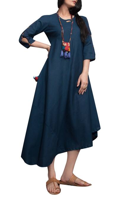 Bohame Blue Cotton Plain Round Asymmetric Dress For Women