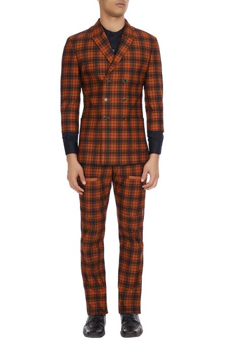 Shop_Paresh Lamba Signatures_Brown Two-piece Checkered Suit_Online_at_Aza_Fashions