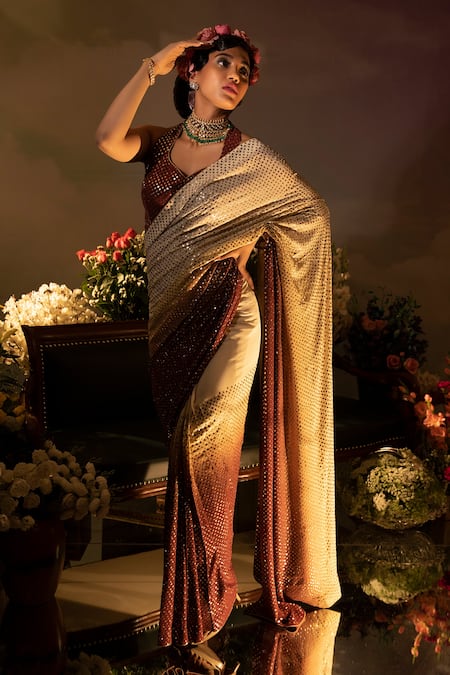 Ruh Clothing Beige Georgette Badla Work Halter Neck Hand Embroidered Ombre Saree With Blouse Online at Aza Fashions Ruh Clothing_Beige Georgette Badla Work Halter Neck Hand Embroidered Ombre Saree With Blouse _Online_at_Aza_Fashions