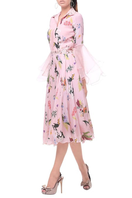 Shop_Mahima Mahajan_Pink Organza Printed Floral Collared Neck Dress_at_Aza_Fashions