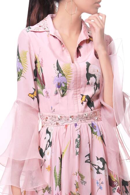 Mahima Mahajan_Pink Organza Printed Floral Collared Neck Dress_Online_at_Aza_Fashions