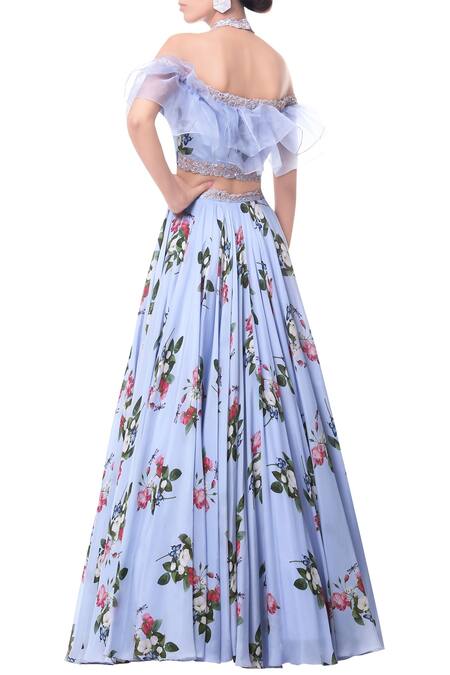 Shop_Mahima Mahajan_Blue Modal Satin Printed Floral Lehenga With Off Shoulder Blouse_at_Aza_Fashions