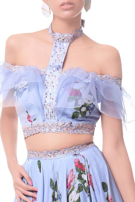 Mahima Mahajan_Blue Modal Satin Printed Floral Lehenga With Off Shoulder Blouse_Online_at_Aza_Fashions