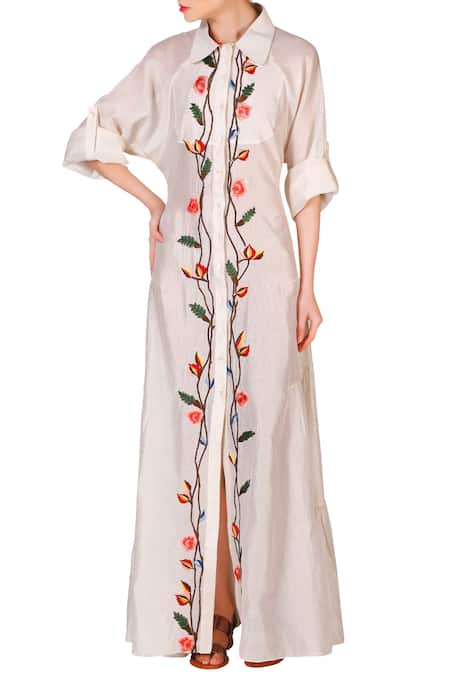 Samant Chauhan White Cotton Silk Embroidered Thread Work Collared Neck Dress For Women