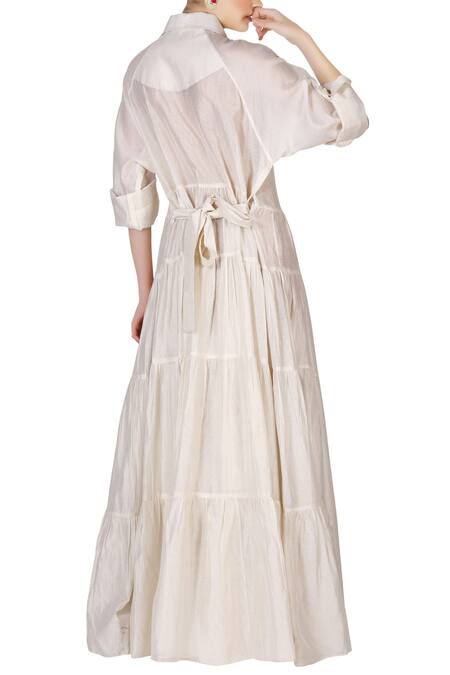 Shop_Samant Chauhan_White Cotton Silk Embroidered Thread Work Collared Neck Dress _at_Aza_Fashions