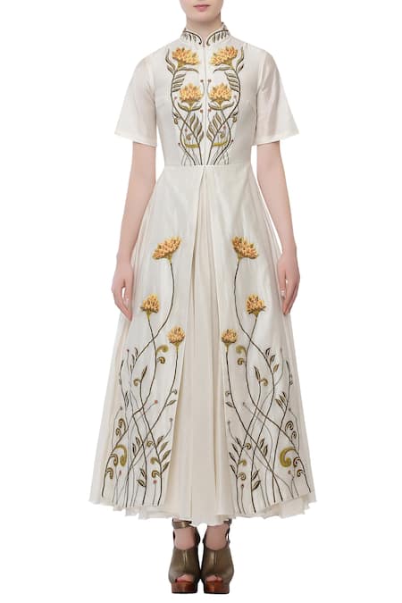 Samant Chauhan White Cotton Silk Embroidered Floral Mandarin Collar Dress For Women