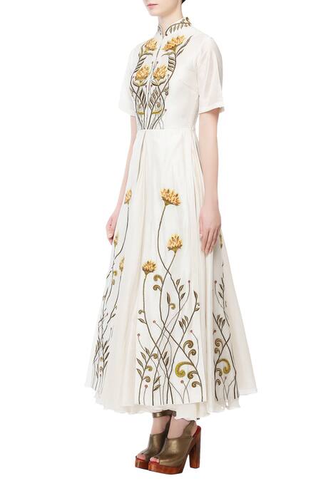 Samant Chauhan_White Cotton Silk Embroidered Floral Mandarin Collar Dress_Online_at_Aza_Fashions