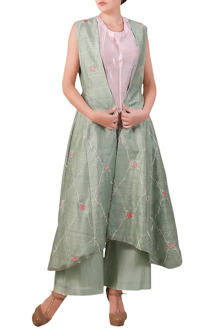 Samant Chauhan Blue Raw Silk Inner Round Jacket Open Embroidered And Palazzo Set For Women