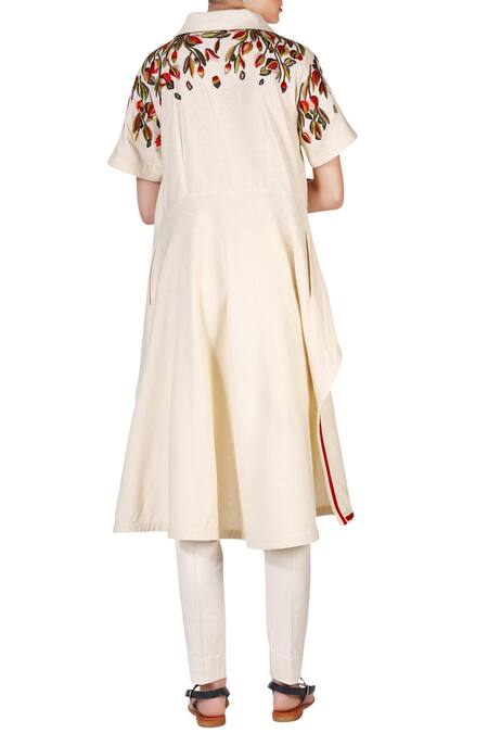 Shop Samant Chauhan Beige Cotton Silk Shirt Collar Asymmetric Kurta And Pant Set at Aza Fashions Shop_Samant Chauhan_Beige Cotton Silk Shirt Collar Asymmetric Kurta And Pant Set_at_Aza_Fashions
