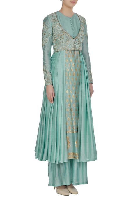 Neha Khullar Blue Chanderi Silk Cutdana, Pearls, Foil, Kurta With Pleated Jacket And Pants Online at Aza Fashions Neha Khullar_Blue Chanderi Silk Cutdana, Pearls, Foil, Kurta With Pleated Jacket And Pants _Online_at_Aza_Fashions