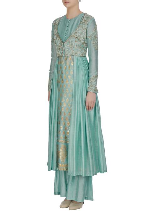 Buy Neha Khullar Blue Chanderi Silk Cutdana, Pearls, Foil, Kurta With Pleated Jacket And Pants Online at Aza Fashions Buy_Neha Khullar_Blue Chanderi Silk Cutdana, Pearls, Foil, Kurta With Pleated Jacket And Pants _Online_at_Aza_Fashions