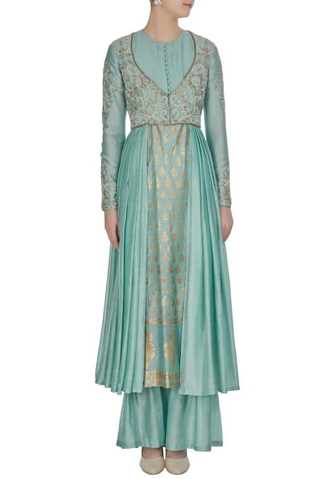 Shop Neha Khullar Blue Chanderi Silk Cutdana, Pearls, Foil, Kurta With Pleated Jacket And Pants Online at Aza Fashions Shop_Neha Khullar_Blue Chanderi Silk Cutdana, Pearls, Foil, Kurta With Pleated Jacket And Pants _Online_at_Aza_Fashions