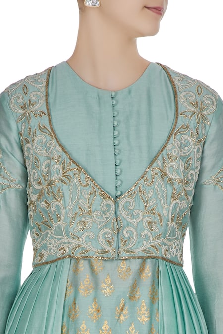 Neha Khullar Blue Chanderi Silk Cutdana, Pearls, Foil, Kurta With Pleated Jacket And Pants at Aza Fashions Neha Khullar_Blue Chanderi Silk Cutdana, Pearls, Foil, Kurta With Pleated Jacket And Pants _at_Aza_Fashions