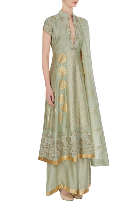 Neha Khullar Green Organza, Chanderi Silk Cutdana, Gota, Pearl, Embroidered And Anarkali Set Online at Aza Fashions Neha Khullar_Green Organza, Chanderi Silk Cutdana, Gota, Pearl, Embroidered And Anarkali Set _Online_at_Aza_Fashions