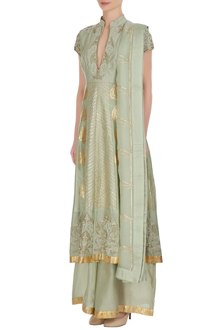 Buy Neha Khullar Green Organza, Chanderi Silk Cutdana, Gota, Pearl, Embroidered And Anarkali Set Online at Aza Fashions Buy_Neha Khullar_Green Organza, Chanderi Silk Cutdana, Gota, Pearl, Embroidered And Anarkali Set _Online_at_Aza_Fashions