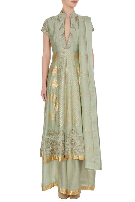 Shop Neha Khullar Green Organza, Chanderi Silk Cutdana, Gota, Pearl, Embroidered And Anarkali Set Online at Aza Fashions Shop_Neha Khullar_Green Organza, Chanderi Silk Cutdana, Gota, Pearl, Embroidered And Anarkali Set _Online_at_Aza_Fashions