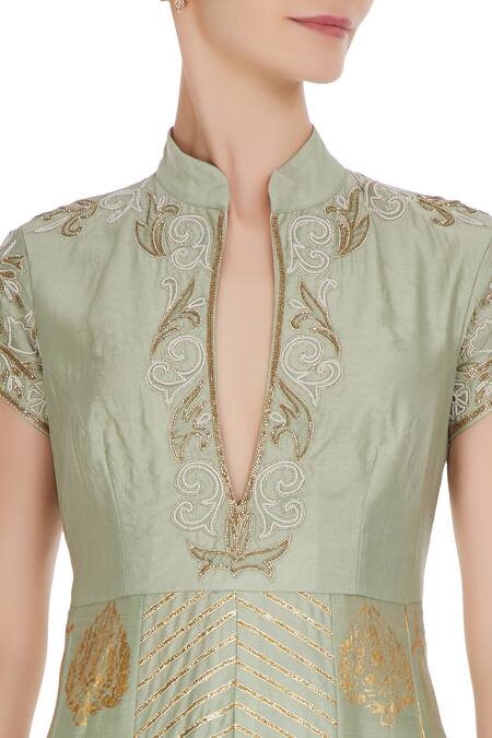 Neha Khullar Green Organza, Chanderi Silk Cutdana, Gota, Pearl, Embroidered And Anarkali Set at Aza Fashions Neha Khullar_Green Organza, Chanderi Silk Cutdana, Gota, Pearl, Embroidered And Anarkali Set _at_Aza_Fashions