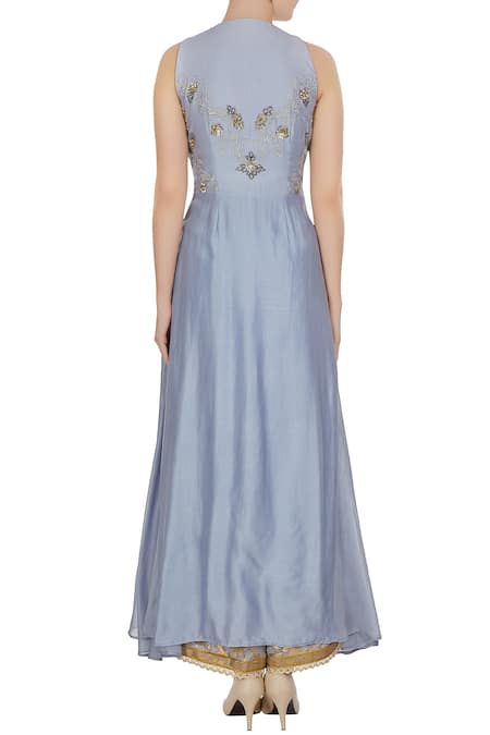 Shop_Neha Khullar_Blue Net, Chanderi Silk Cutdana, Sequins, And Embroidered Front Slit Kurta Set _at_Aza_Fashions