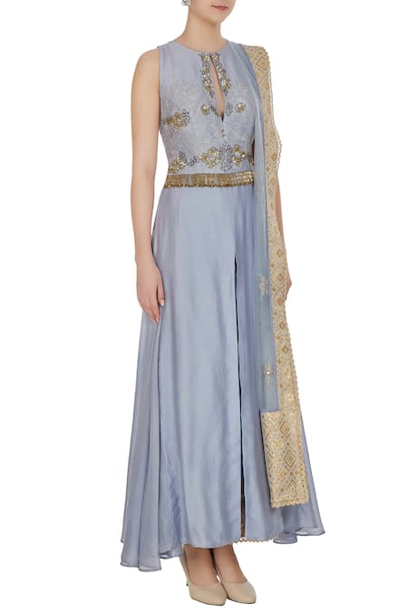 Neha Khullar_Blue Net, Chanderi Silk Cutdana, Sequins, And Embroidered Front Slit Kurta Set _Online_at_Aza_Fashions
