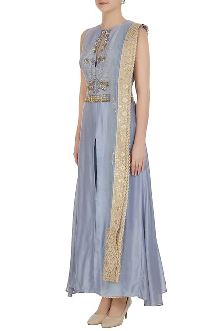 Buy_Neha Khullar_Blue Net, Chanderi Silk Cutdana, Sequins, And Embroidered Front Slit Kurta Set _Online_at_Aza_Fashions
