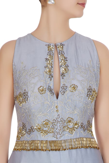 Neha Khullar_Blue Net, Chanderi Silk Cutdana, Sequins, And Embroidered Front Slit Kurta Set _at_Aza_Fashions