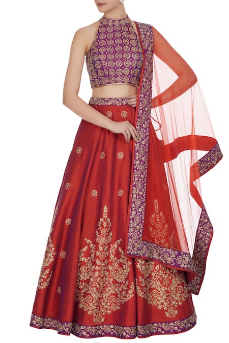 Vandana Sethi Purple halter blouse with raw silk lehenga & dupatta 