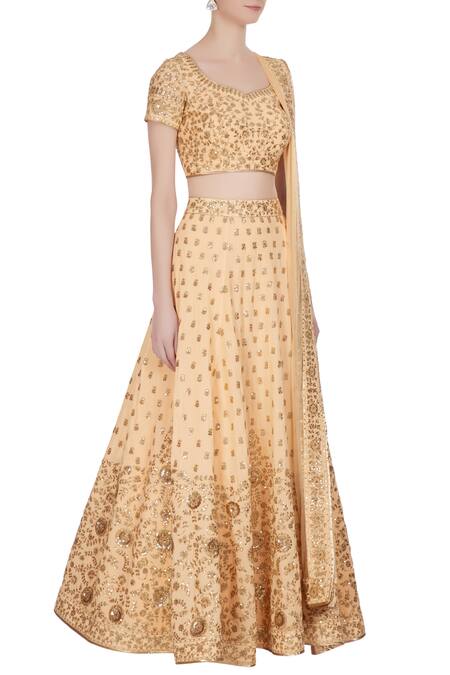 Vandana Sethi_Peach Georgette Sequins, Zari Sweetheart And Embroidered Lehenga Set_Online_at_Aza_Fashions