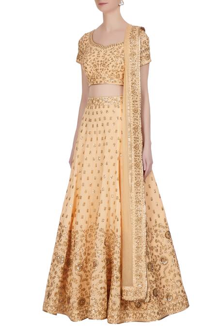 Buy_Vandana Sethi_Peach Georgette Sequins, Zari Sweetheart And Embroidered Lehenga Set_Online_at_Aza_Fashions