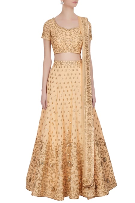Shop_Vandana Sethi_Peach Georgette Sequins, Zari Sweetheart And Embroidered Lehenga Set_Online_at_Aza_Fashions