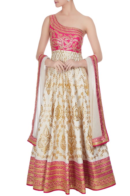 Vandana Sethi Ivory & rose pink one-shoulder gota patti anarkali 