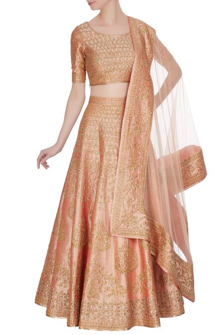 Vandana Sethi Peach zari & zircon embroidered lehenga set 