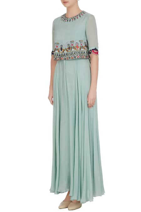 Buy_Desert Shine By Sulochana Jangir_Green Chiffon Cape Layer Hand Embroidered Gown_Online_at_Aza_Fashions