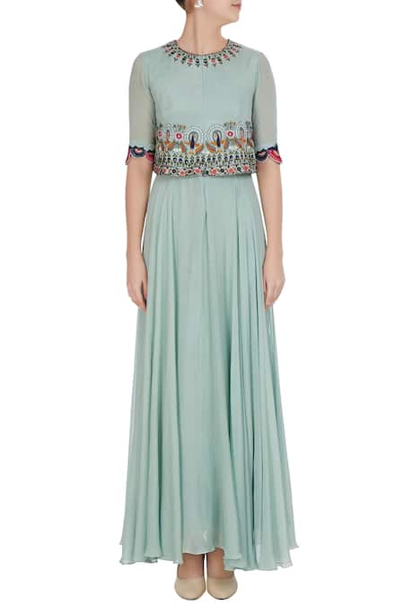 Shop_Desert Shine By Sulochana Jangir_Green Chiffon Cape Layer Hand Embroidered Gown_Online_at_Aza_Fashions