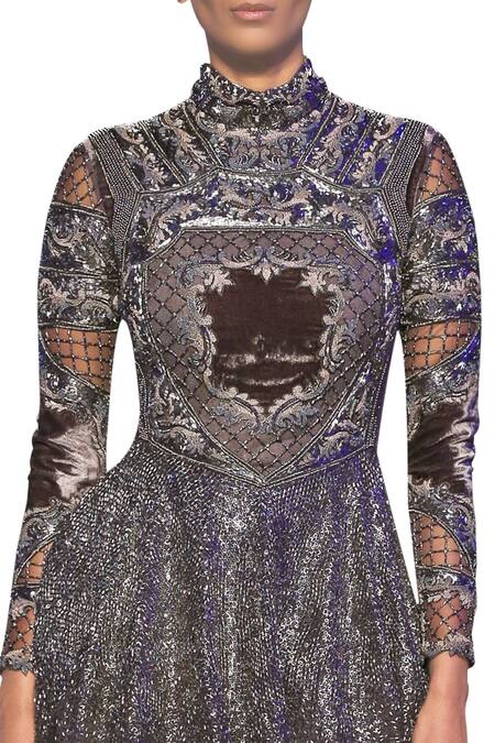 Shop_Kartikeya India_Grey High Neck Collar Embroidered Flared Gown _at_Aza_Fashions