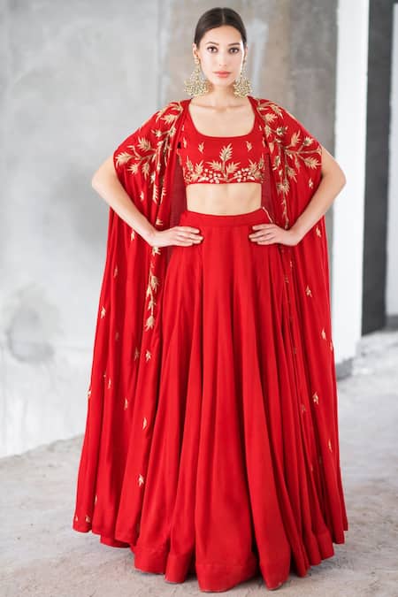 Prathyusha Garimella Red Satin Cotton Embroidered Sequin Cape And Lehenga Set 