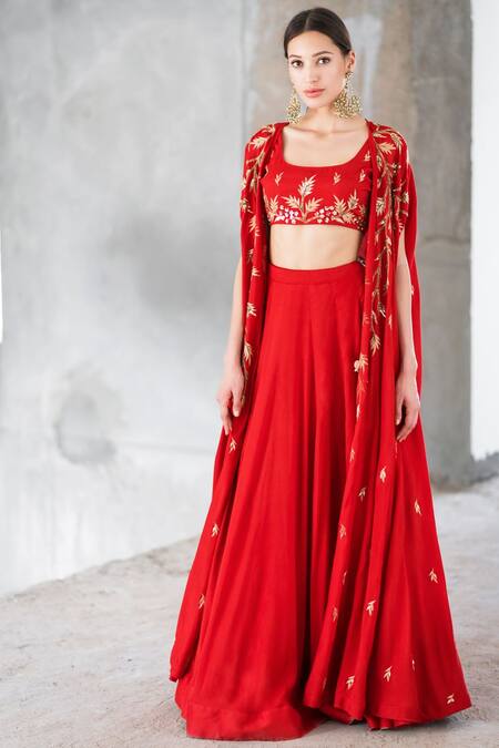 Shop_Prathyusha Garimella_Red Satin Cotton Embroidered Sequin Cape And Lehenga Set _at_Aza_Fashions