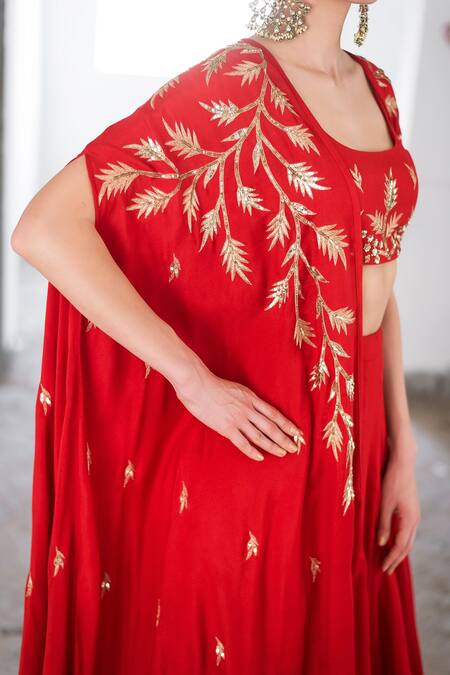 Prathyusha Garimella_Red Satin Cotton Embroidered Sequin Cape And Lehenga Set _Online_at_Aza_Fashions