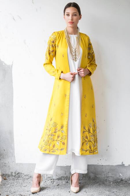 Off-White Paneled Ankle Length Kurti with Indigo Printed Jacket – anokherang