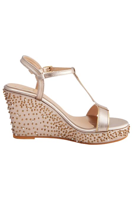 Nidhi Bhandari_Gold Sequins Embellished T-strap Wedges _Online_at_Aza_Fashions
