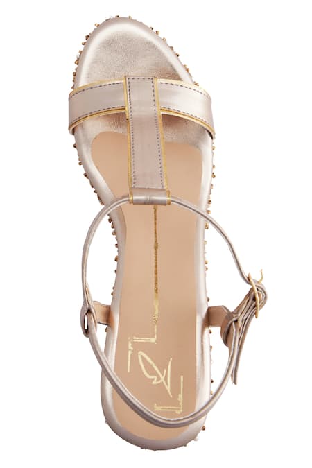 Buy_Nidhi Bhandari_Gold Sequins Embellished T-strap Wedges _Online_at_Aza_Fashions