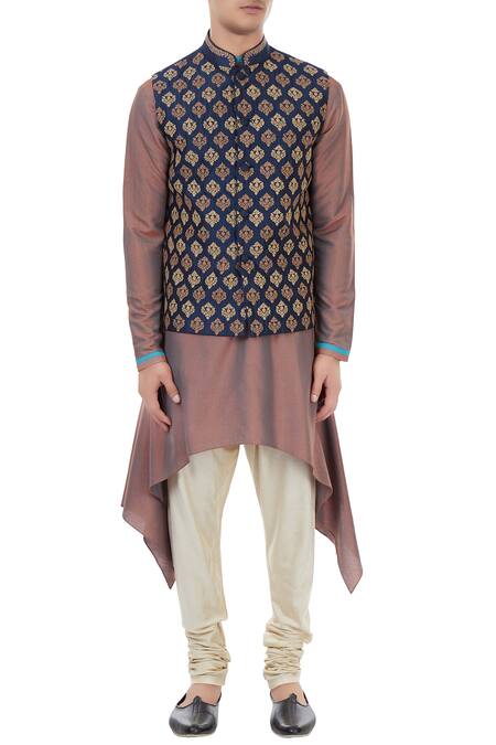 Shop Vivek Karunakaran Blue Poly Raw Silk Embroidered Bundi Online at Aza Fashions Shop_Vivek Karunakaran_Blue Poly Raw Silk Embroidered Bundi _Online_at_Aza_Fashions