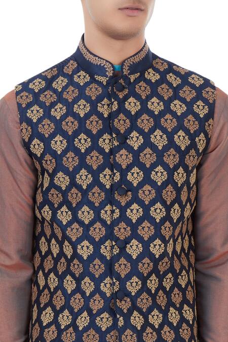Vivek Karunakaran Blue Poly Raw Silk Embroidered Bundi at Aza Fashions Vivek Karunakaran_Blue Poly Raw Silk Embroidered Bundi _at_Aza_Fashions