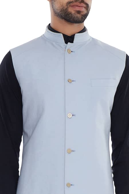 Bubber Couture_Blue Linen Bundi _at_Aza_Fashions