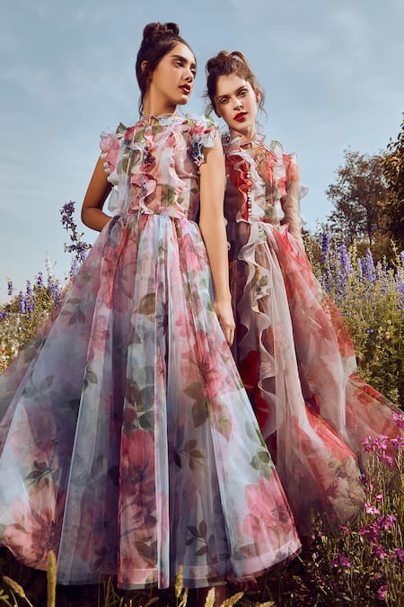 Floral Print Mesh Tulle Dress