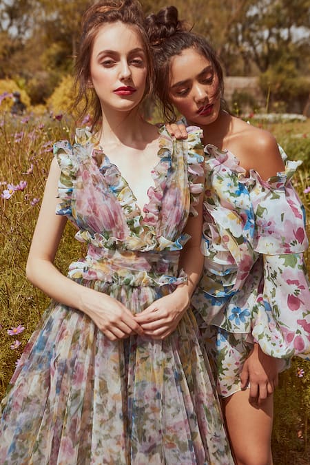 Shop_Gauri & Nainika_Multi Color Net Embroidery V Neck Printed Flared Dress _Online_at_Aza_Fashions