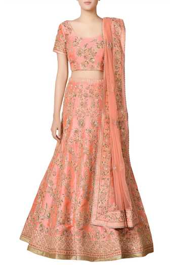 RI.Ritu Kumar_Peach Silk Blend Embroidered Zardozi Round Bridal Lehenga Set_Online_at_Aza_Fashions